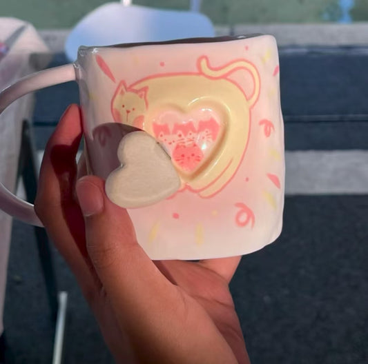 Cute Ceramic Mug with Cat & Heart Window